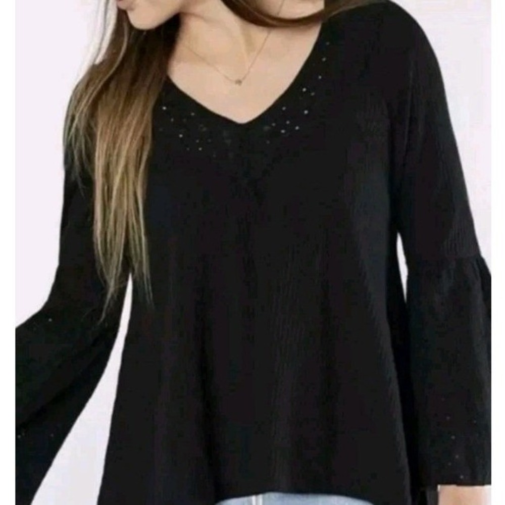 Free People Ribbed Eyelet Lace V-Neck Bell Sleeve Thermal Top XS OB821813